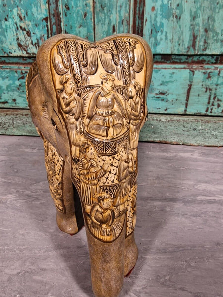 Vintage Hand Carved Solid Wooden Indian Kashmir Hand Painted Elephant Statue