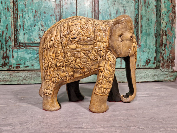 Vintage Hand Carved Solid Wooden Indian Kashmir Hand Painted Elephant Statue