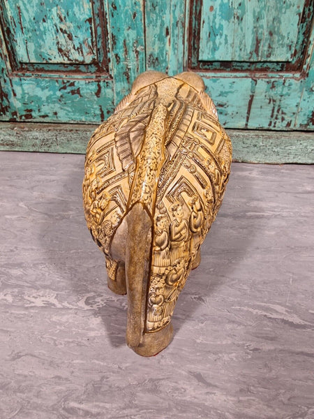Vintage Hand Carved Solid Wooden Indian Kashmir Hand Painted Elephant Statue