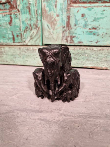 Authentic Indian Hand Made Marble Resin Black Elephant Family Statue Sculpture