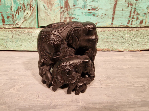 Authentic Indian Hand Made Marble Resin Black Elephant Family Statue Sculpture