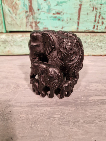 Authentic Indian Hand Made Marble Resin Black Elephant Family Statue Sculpture