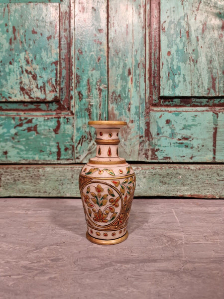 Vintage Authentic Indian Hand Made Hand Painted Gemstone Marble Vase Incense