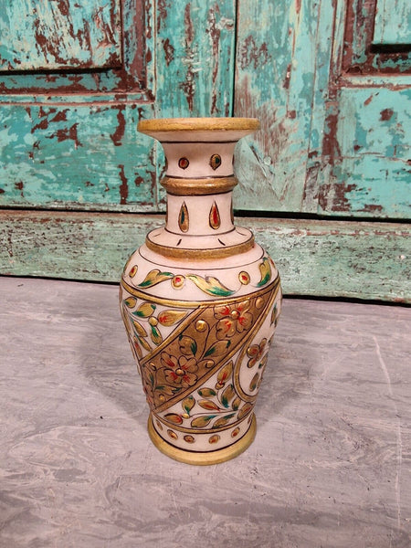 Vintage Authentic Indian Hand Made Hand Painted Gemstone Marble Vase Incense
