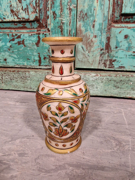 Vintage Authentic Indian Hand Made Hand Painted Gemstone Marble Vase Incense