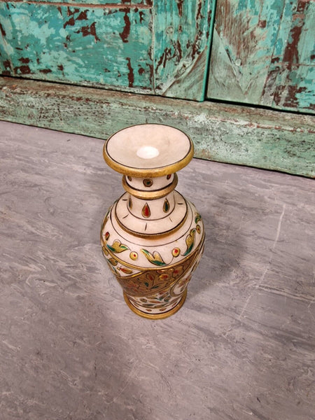 Vintage Authentic Indian Hand Made Hand Painted Gemstone Marble Vase Incense