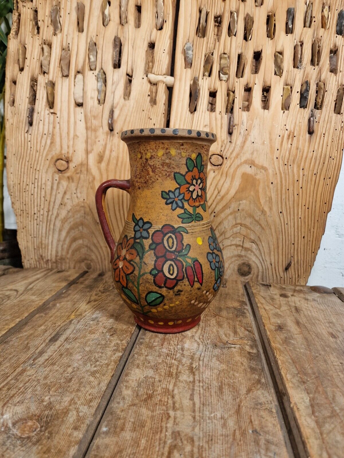 Antique Folk Art European Painted Terracotta Wine Vessel Jug Pitcher Amphora