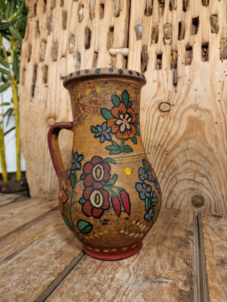 Antique Folk Art European Painted Terracotta Wine Vessel Jug Pitcher Amphora