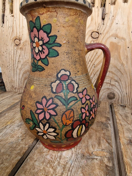 Antique Folk Art European Painted Terracotta Wine Vessel Jug Pitcher Amphora