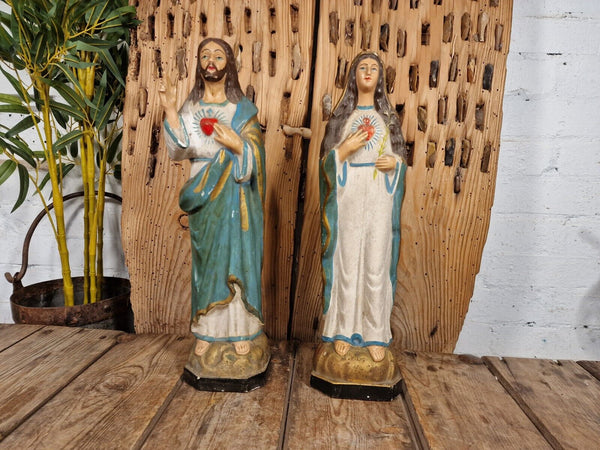 Beautiful Pair Antique European Jesus & Mary  Sacred Heart Plaster Statues