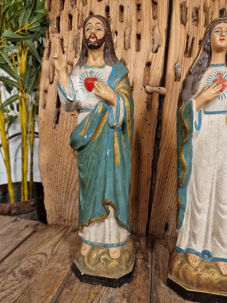 Beautiful Pair Antique European Jesus & Mary  Sacred Heart Plaster Statues