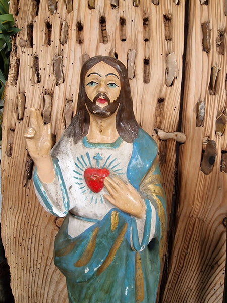 Beautiful Pair Antique European Jesus & Mary  Sacred Heart Plaster Statues