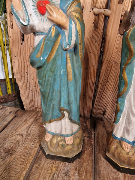 Beautiful Pair Antique European Jesus & Mary  Sacred Heart Plaster Statues