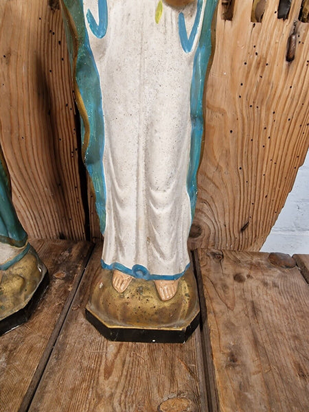 Beautiful Pair Antique European Jesus & Mary  Sacred Heart Plaster Statues
