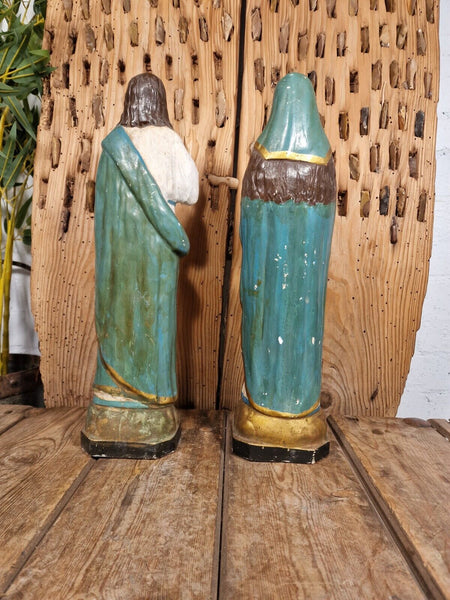 Beautiful Pair Antique European Jesus & Mary  Sacred Heart Plaster Statues