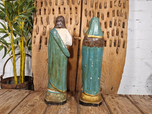 Beautiful Pair Antique European Jesus & Mary  Sacred Heart Plaster Statues