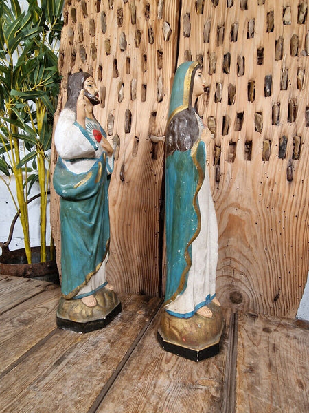 Beautiful Pair Antique European Jesus & Mary  Sacred Heart Plaster Statues