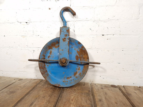 Vintage French Blue Industrial Rope Pulley Hook