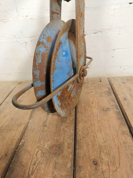 Vintage French Blue Industrial Rope Pulley Hook