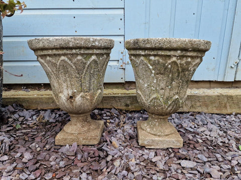 Pair Vintage French Small Classical Stone Urns Garden Planter