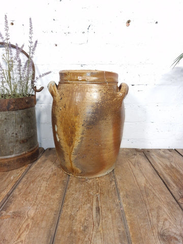Large Antique 19th Century French Stoneware Glazed Confit Pot with Lid