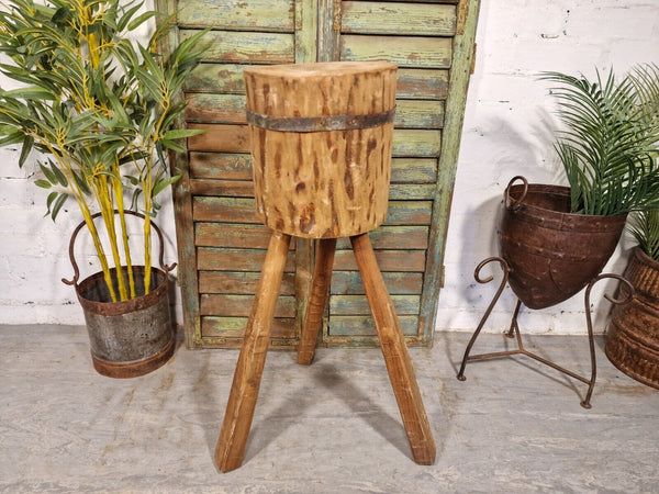 Vintage Reclaimed Rustic Wooden Stump Chopping Block Lamp Side Table Plant Stand
