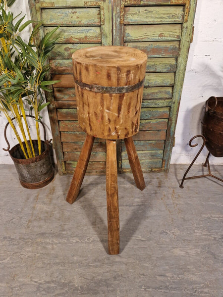 Vintage Reclaimed Rustic Wooden Stump Chopping Block Lamp Side Table Plant Stand