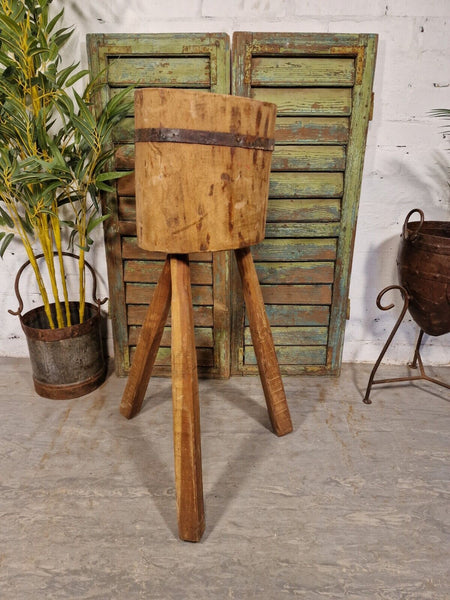 Vintage Reclaimed Rustic Wooden Stump Chopping Block Lamp Side Table Plant Stand