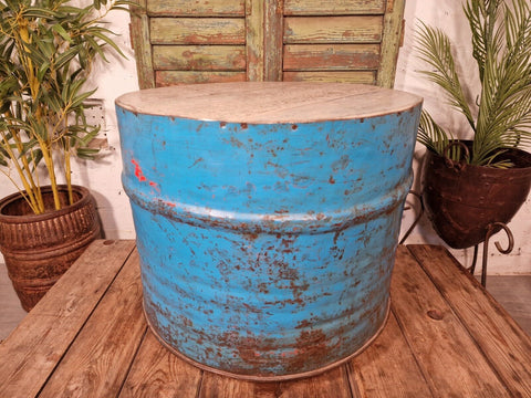 Vintage Industrial Indian Blue Ribbed Metal Barrel Drum Coffee Side Table