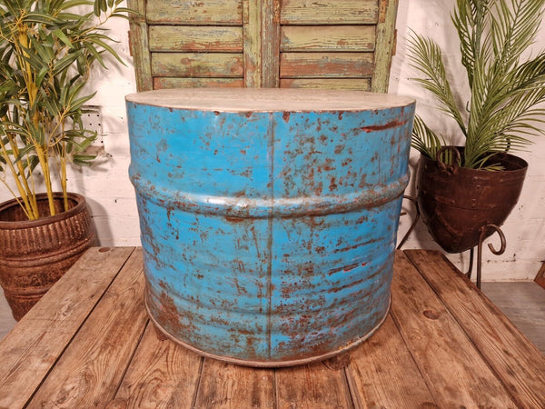 Vintage Industrial Indian Blue Ribbed Metal Barrel Drum Coffee Side Table