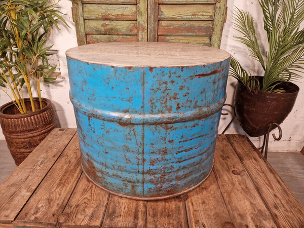 Vintage Industrial Indian Blue Ribbed Metal Barrel Drum Coffee Side Table