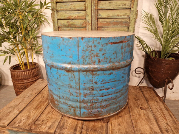Vintage Industrial Indian Blue Ribbed Metal Barrel Drum Coffee Side Table