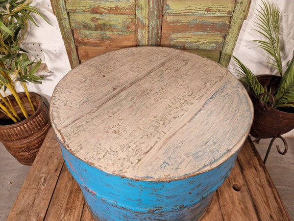 Vintage Industrial Indian Blue Ribbed Metal Barrel Drum Coffee Side Table