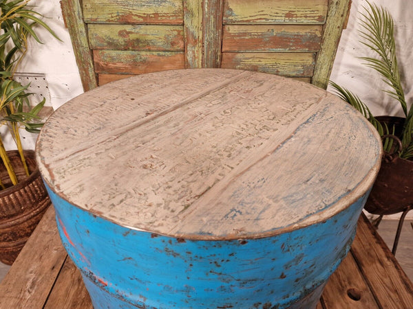 Vintage Industrial Indian Blue Ribbed Metal Barrel Drum Coffee Side Table
