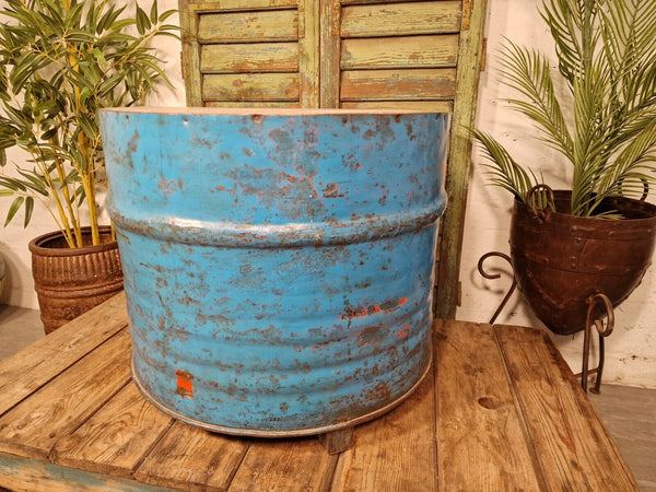 Vintage Industrial Indian Blue Ribbed Metal Barrel Drum Coffee Side Table