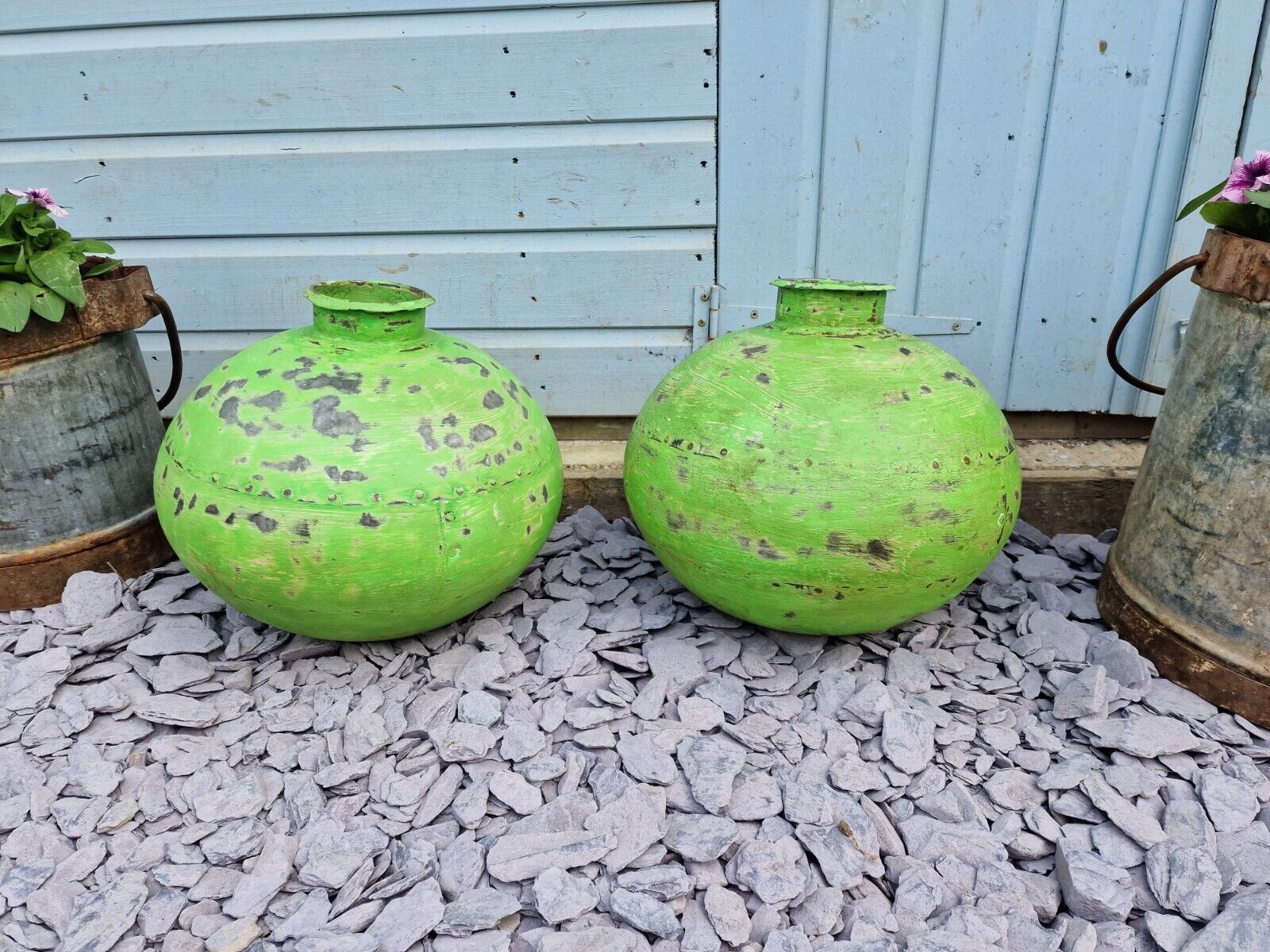 Authentic Indian Green Rustic Hand Made Riveted Water Pot