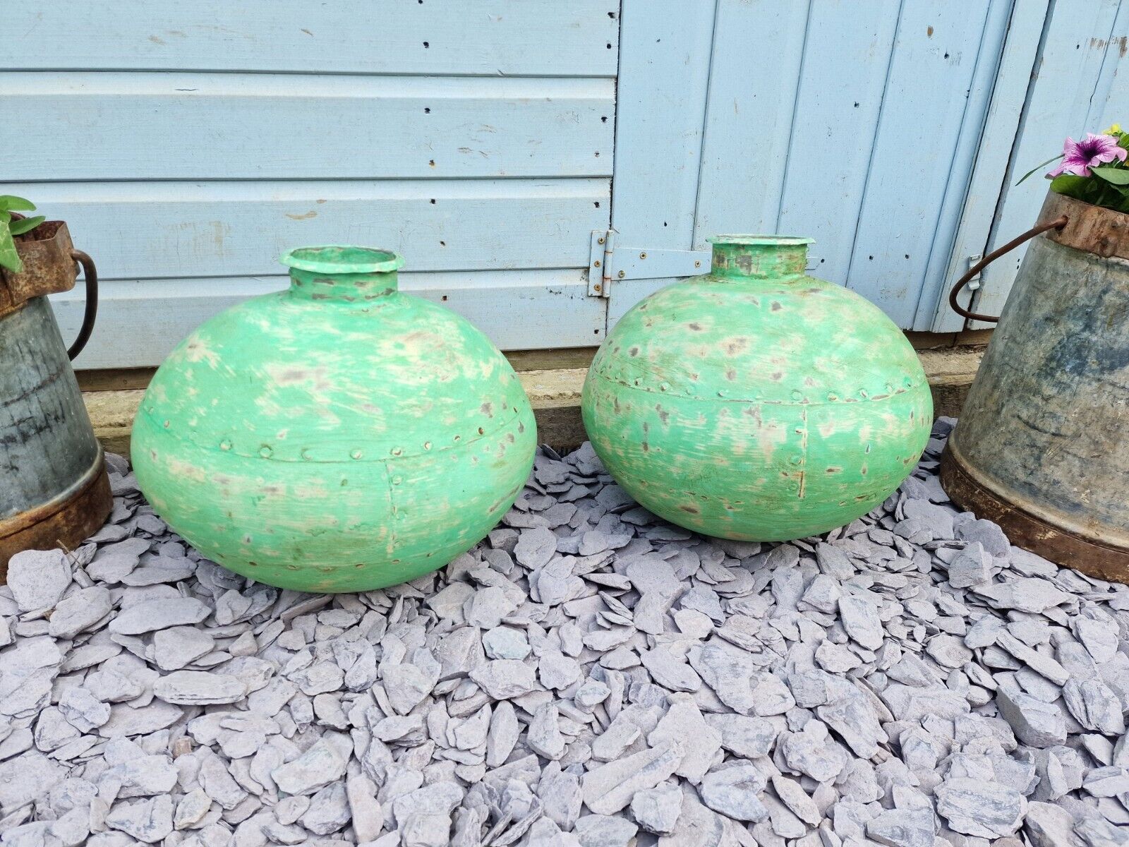 Authentic Indian Green Rustic Hand Made Riveted Water Pot