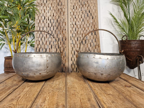 Vintage Hand Beaten Riveted Indian Water Pot Dish Bowl Hanging Garden Planter