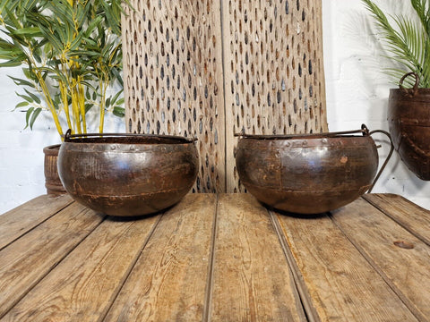 Vintage Hand Beaten Riveted Indian Water Pot Dish Bowl Hanging Garden Planter