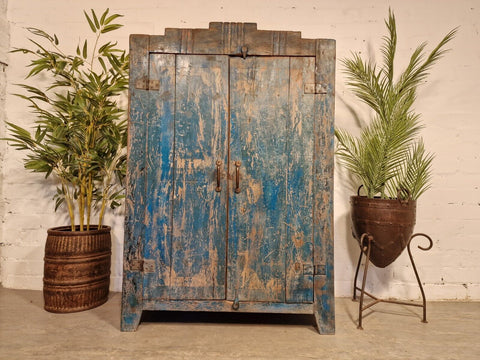Vintage Rustic Indian Blue Wooden Shop Display Bathroom Kitchen Drinks Cabinet