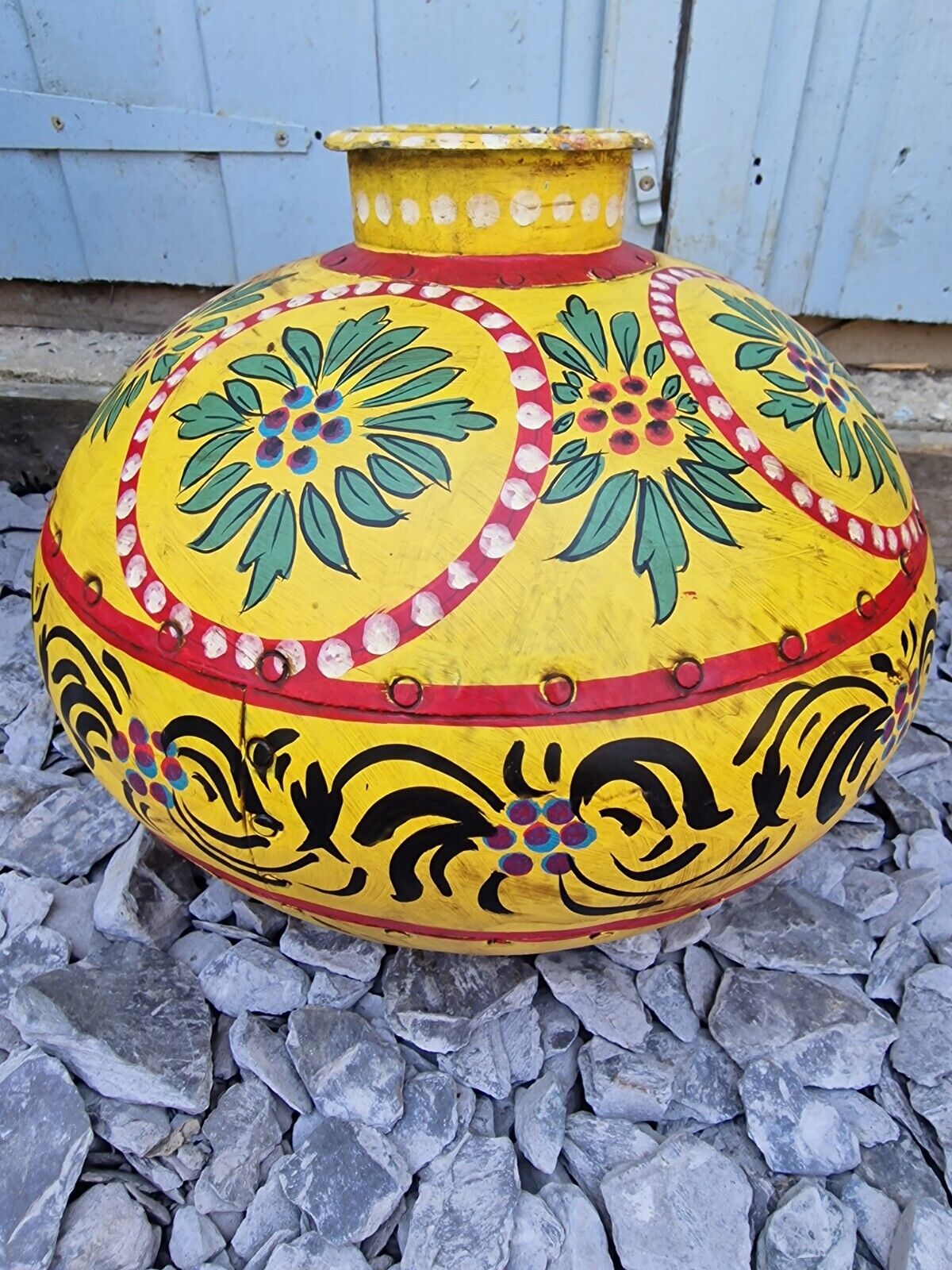 Vintage Large Indian Metal Hand Painted Riveted Water Bowl Pot Vase