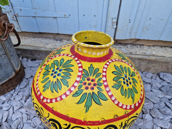 Vintage Large Indian Metal Hand Painted Riveted Water Bowl Pot Vase