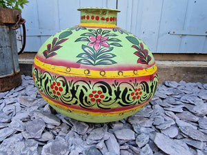 Vintage Large Indian Metal Hand Painted Riveted Water Bowl Pot Vase