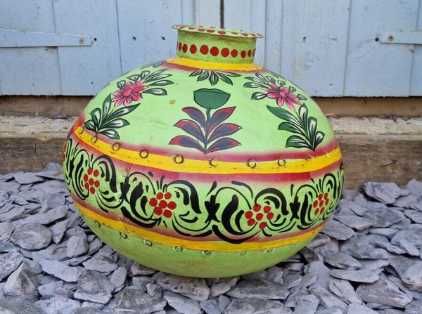 Vintage Large Indian Metal Hand Painted Riveted Water Bowl Pot Vase