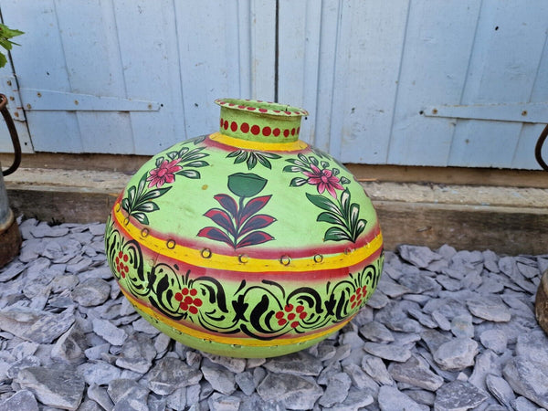Vintage Large Indian Metal Hand Painted Riveted Water Bowl Pot Vase