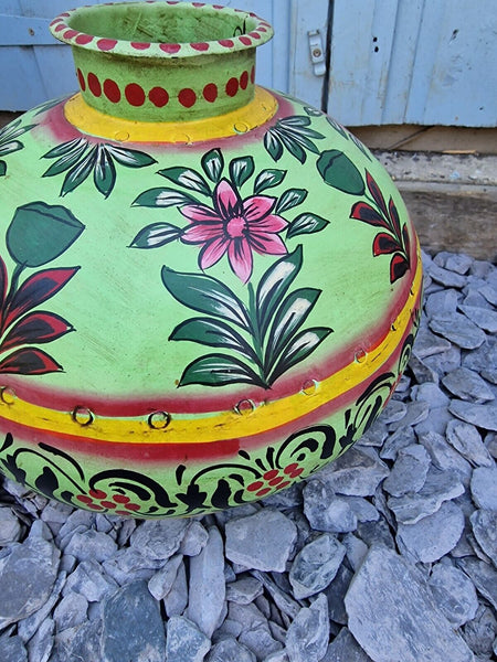 Vintage Large Indian Metal Hand Painted Riveted Water Bowl Pot Vase