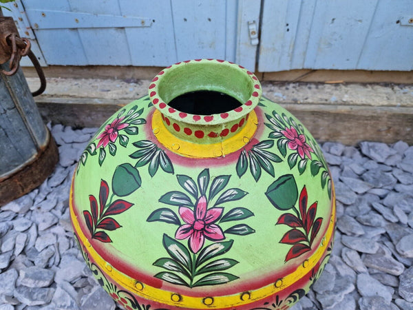 Vintage Large Indian Metal Hand Painted Riveted Water Bowl Pot Vase