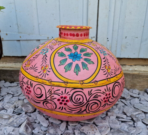 Vintage Large Indian Metal Hand Painted Riveted Water Bowl Pot Vase