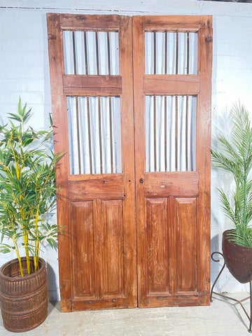 Old Pair Vintage Reclaimed Indian Wooden Iron Doors Shutters Garden Gates Screen