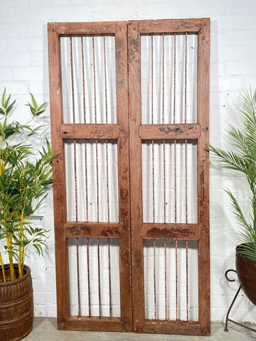 Old Pair Vintage Reclaimed Indian Wooden Iron Doors Shutters Garden Gates Screen